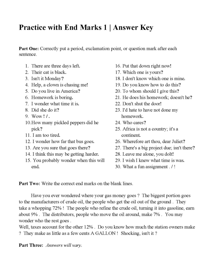 Engaging end punctuation practice sheet for young learners End punctuation worksheet focused on grammar skills for third graders