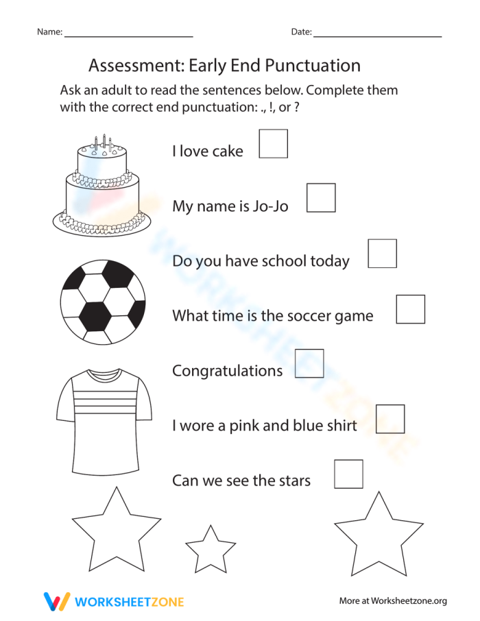 Grammar match-up worksheet for practicing end punctuation End punctuation worksheet focusing on grammar for third graders