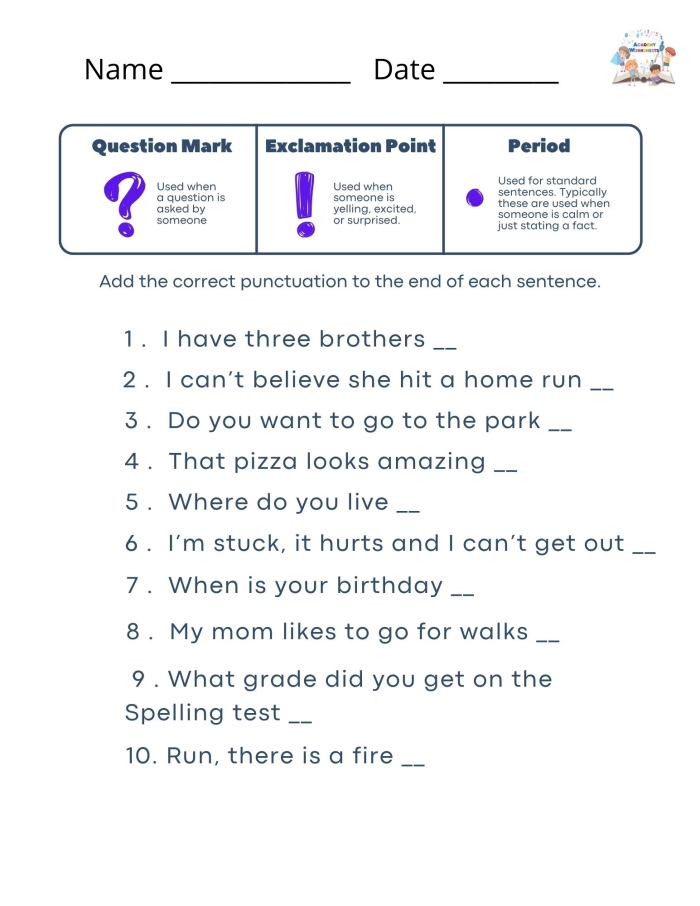 Interactive worksheet on end punctuation for mastering grammar concepts End punctuation worksheet designed for third graders focusing on grammar skills