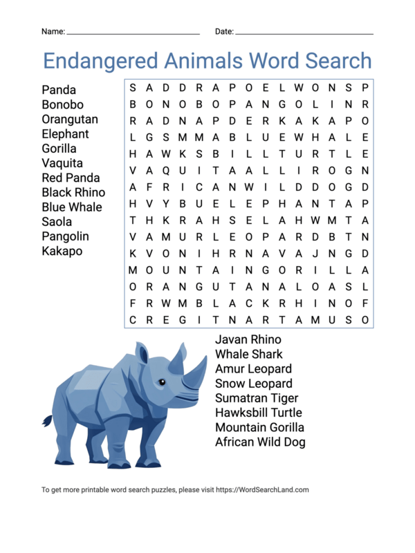 Third grade printable animal word search worksheet featuring endangered species vocabulary