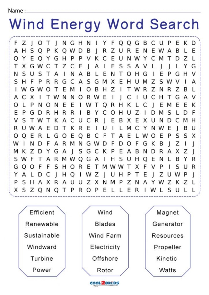 Energy word search worksheet for third grade students learning about physics vocabulary