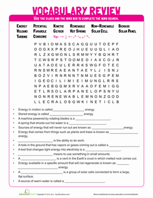 Third grade energy word search worksheet featuring physics vocabulary