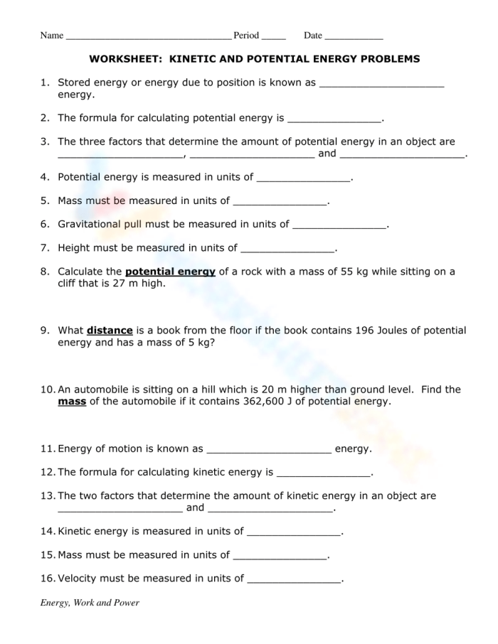Worksheet for understanding potential and kinetic energy concepts for third graders