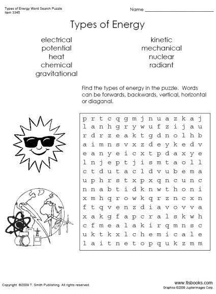 Third grade energy word search puzzle with physics vocabulary terms hidden in a grid of letters