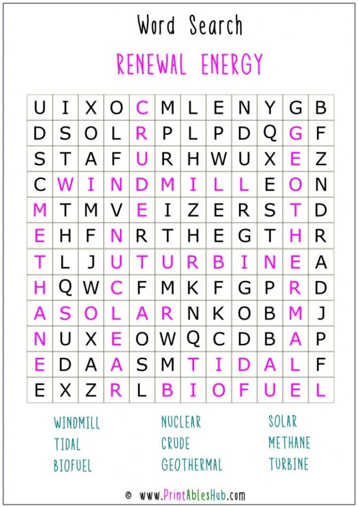 Third grade energy word search worksheet featuring physics vocabulary terms to practice for math and science