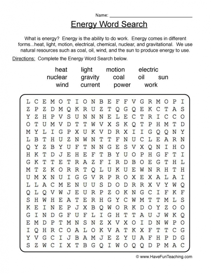 Third grade energy word search puzzle featuring physics vocabulary terms for students to find and circle