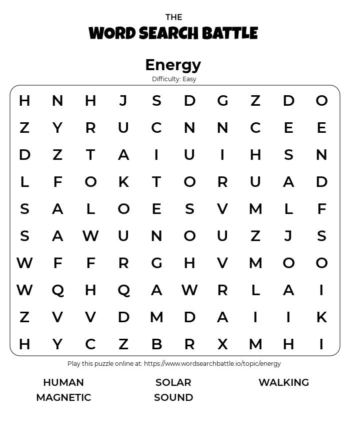 Third grade energy word search worksheet featuring physics vocabulary