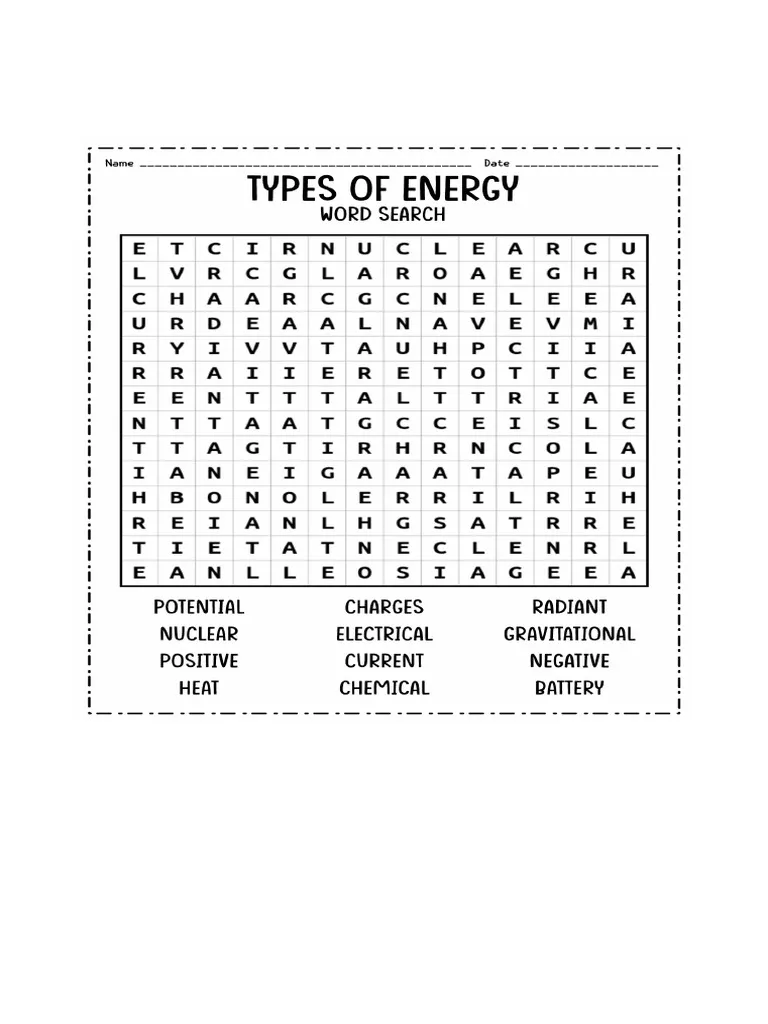 Energy Word Search worksheet for third grade students focused on science vocabulary
