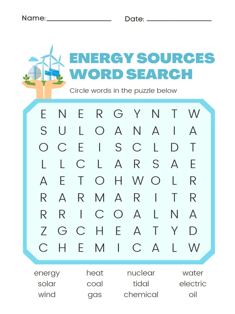 Third grade science worksheet featuring an energy themed word search puzzle