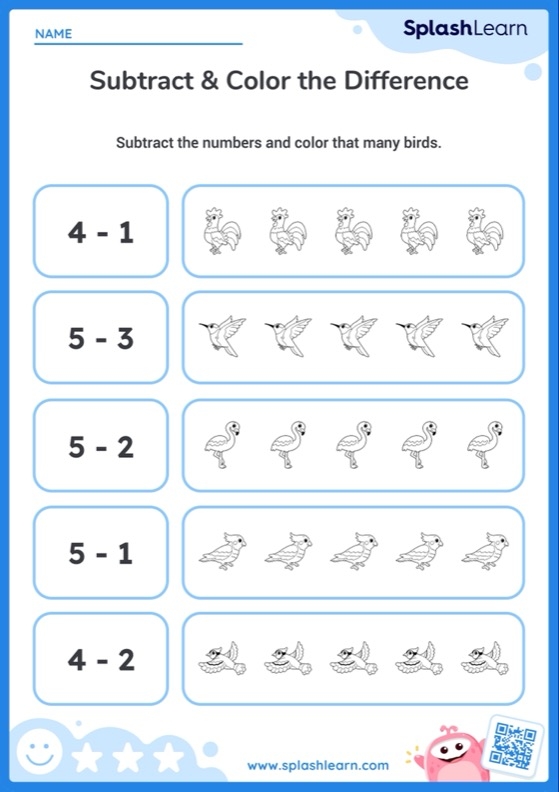 Life Science worksheet for Kindergarten Colorful bird illustrations helping kindergarten students with subtraction in a fun worksheet. Engaging Bird Subtraction Worksheet for Young Learners