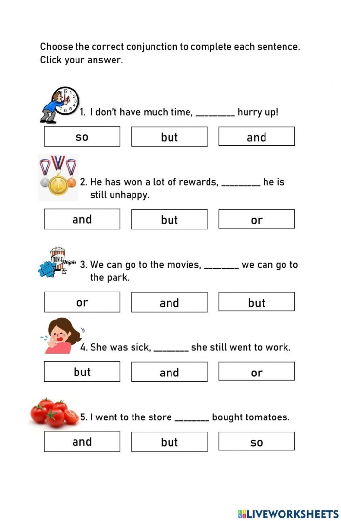 Writing worksheet for Kindergarten Colorful worksheet featuring conjunction examples for kids with a sentence completion activity. Engaging Conjunction Examples for Kids Worksheet for Kindergarten.