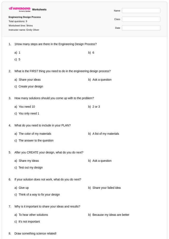 Engineering Design Process Part 1 Define the Problem educational worksheet for sixth grade math students Sixth grade worksheet featuring a graphic organizer for the first step of the engineering design process