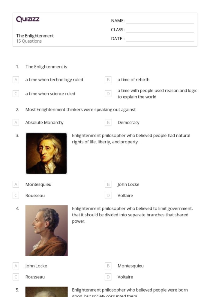 Sixth grade students matching historical enlightenment philosophers and their key writings in a learning table