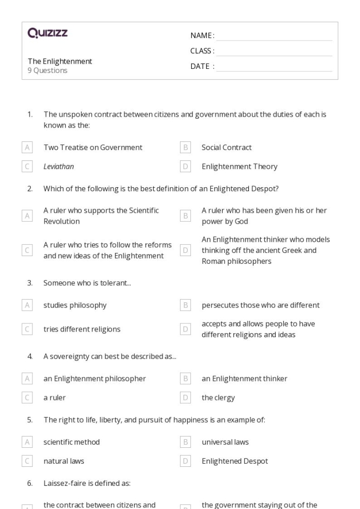 Sixth grade social studies worksheet matching Enlightenment philosophers to their key ideas and published works