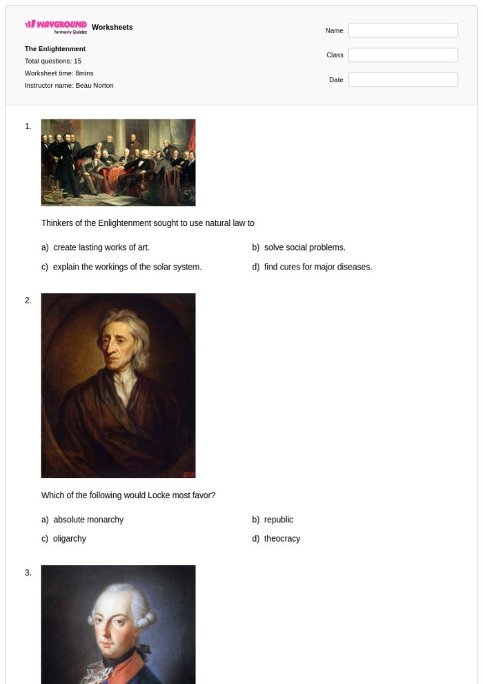 Sixth grade worksheet table matching Enlightenment philosophers to their ideas and published works