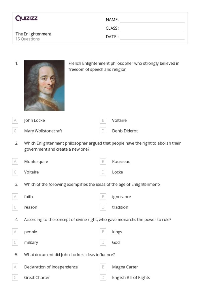 Sixth grade worksheet showing a table matching Enlightenment philosophers to their ideas and published works for critical thinking practice