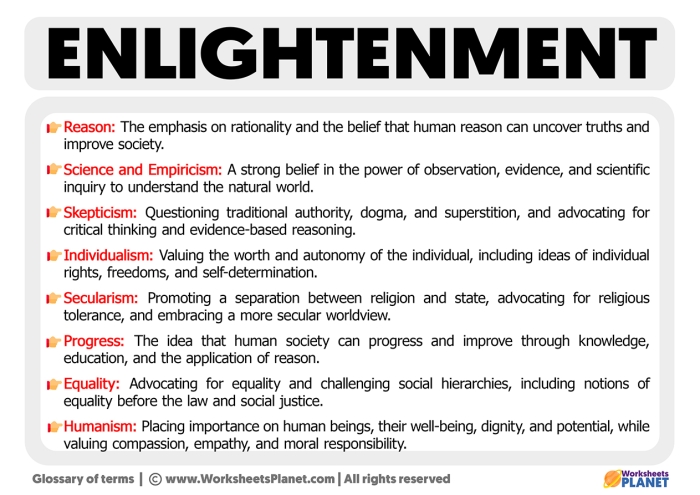 Sixth grade worksheet showing a table with Enlightenment philosopher descriptions and matching activity for students to identify philosophers and their works