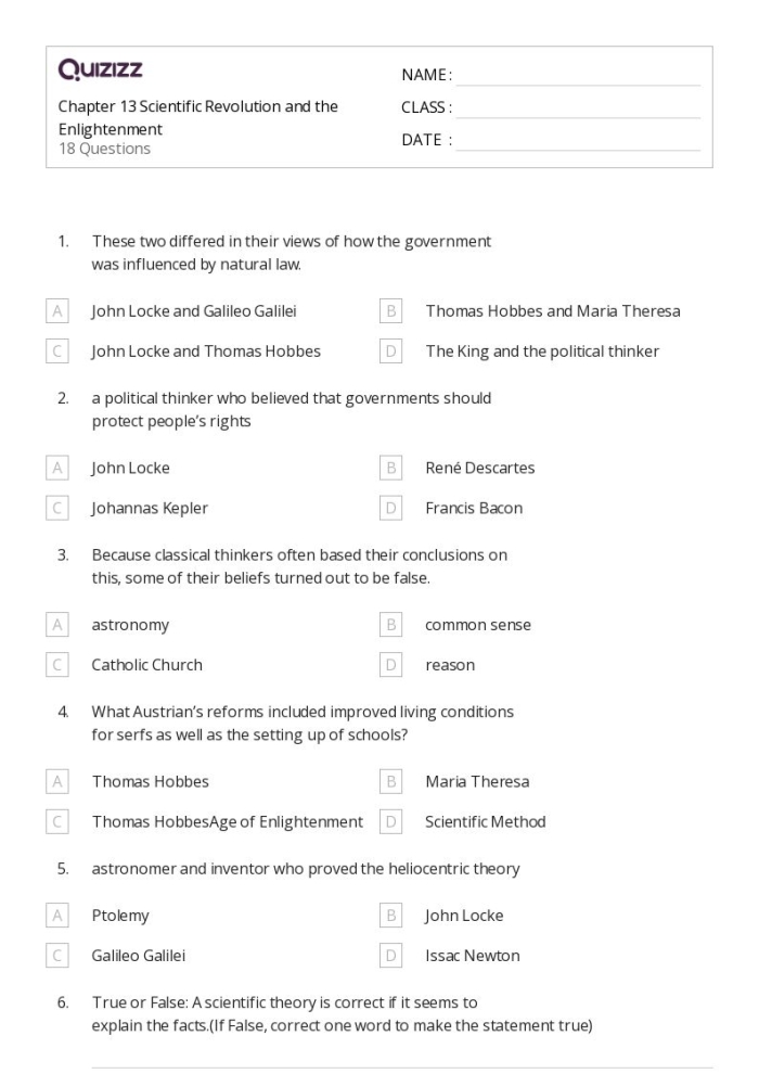 Sixth grade worksheet featuring a matching activity on Enlightenment philosophers and their key texts