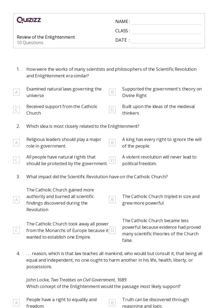 Sixth grade history worksheet matching Enlightenment philosophers to their key ideas and written works