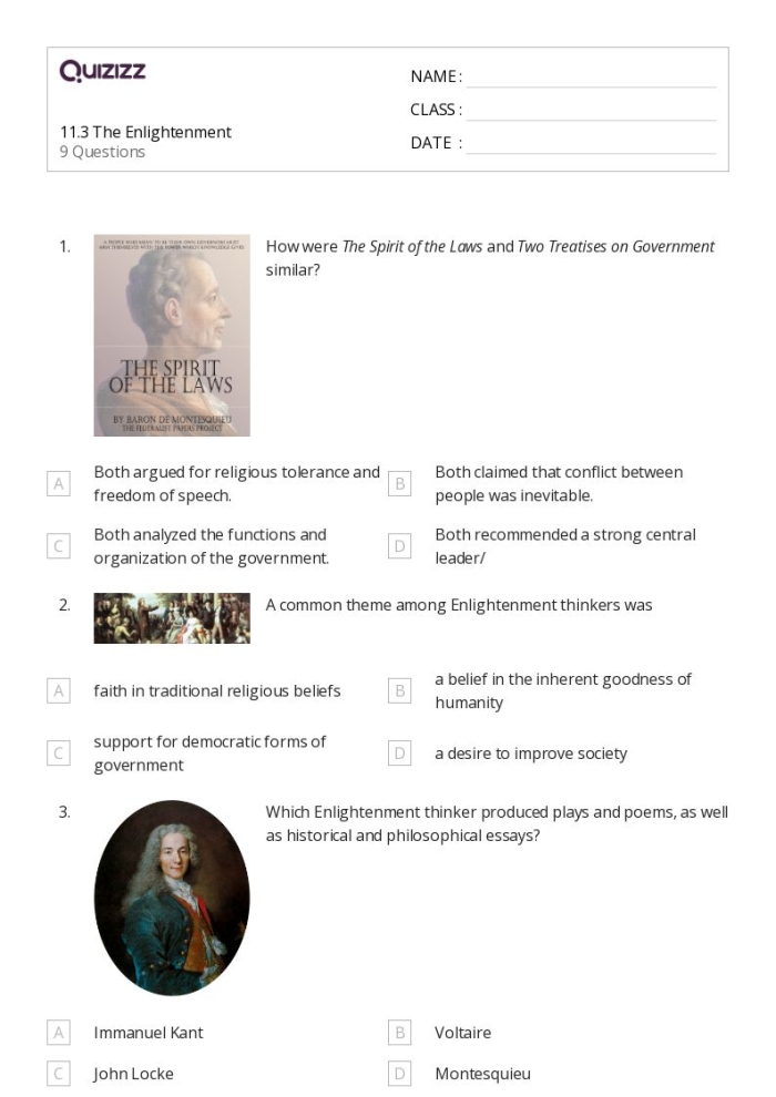 Sixth grade worksheet featuring a matching activity on Enlightenment philosophers and their key literary works
