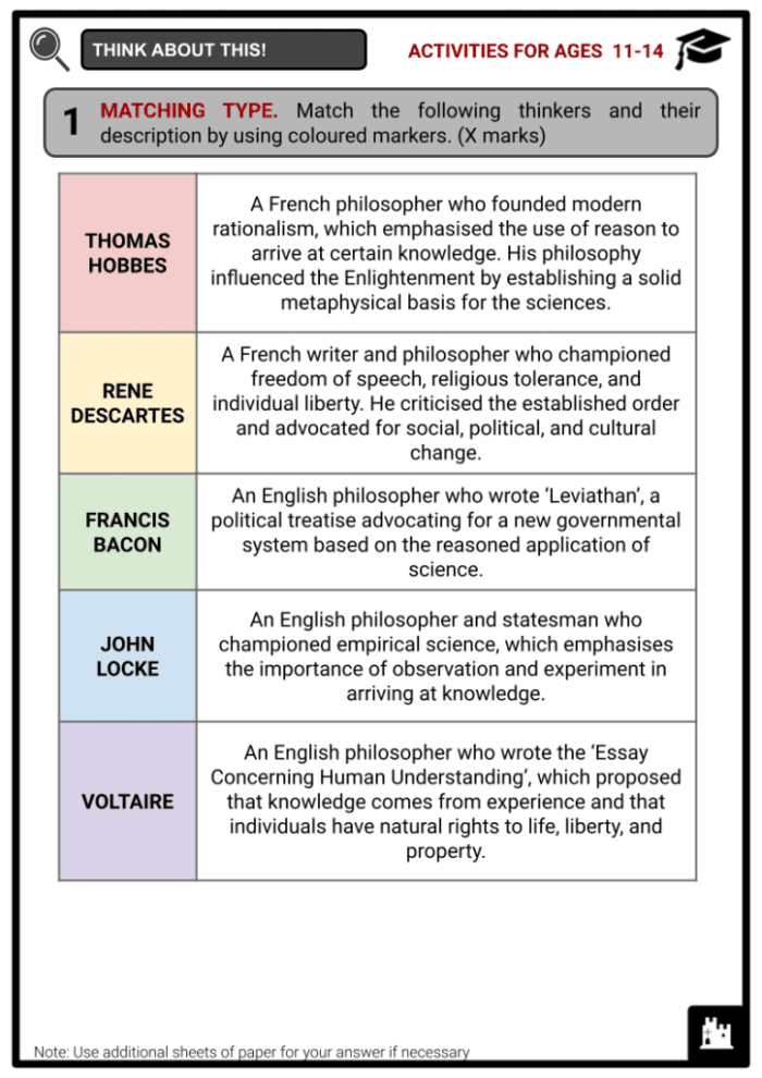 Sixth grade students completing a matching worksheet about Enlightenment philosophers and their key ideas from famous books