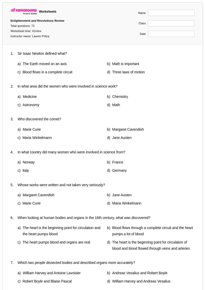 Sixth grade worksheet showing a matching table with Enlightenment philosopher descriptions and ideas for students to identify correct philosophers and their written works