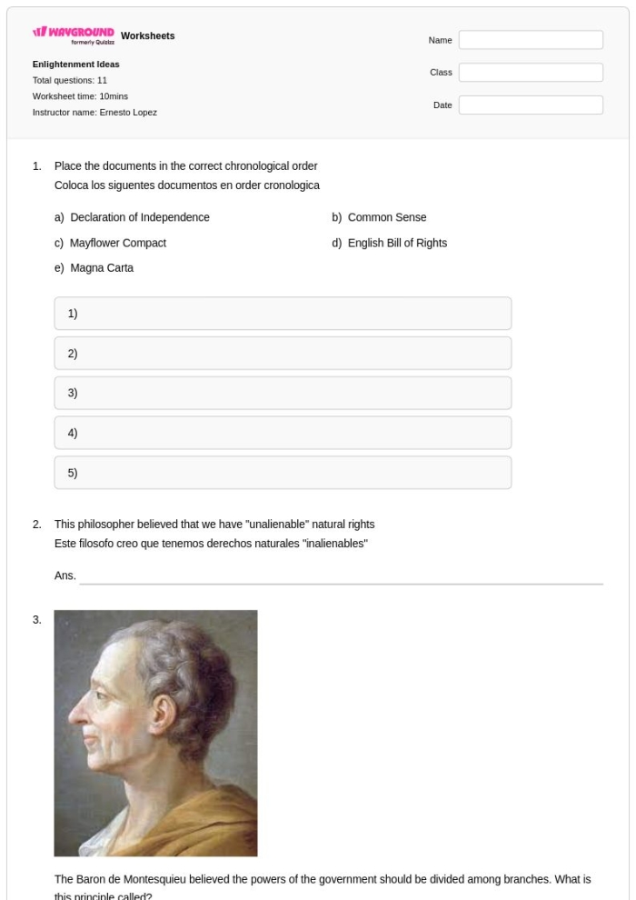 ALT text: Sixth grade worksheet showing a table with Enlightenment philosopher descriptions and matching exercises for students to connect ideas with thinkers and their works
