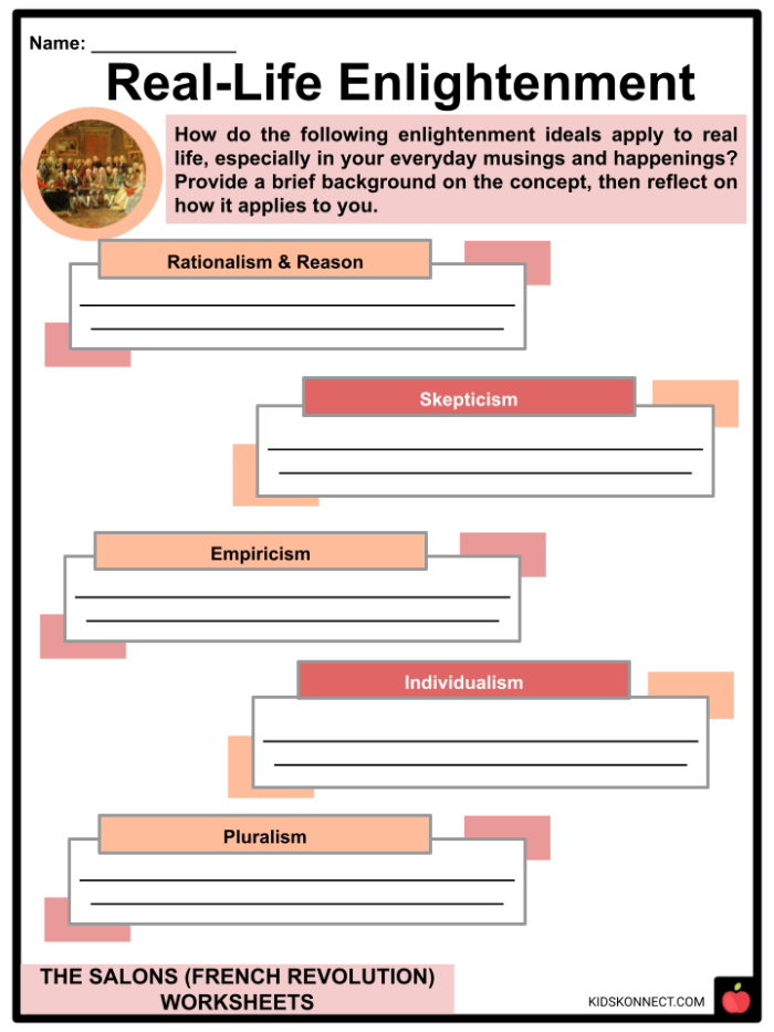 Sixth grade worksheet featuring a matching table of Enlightenment philosophers and their key literary works