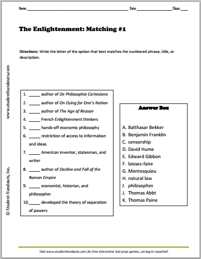 Sixth grade worksheet showing a matching table with Enlightenment philosophers and their ideas for students to complete