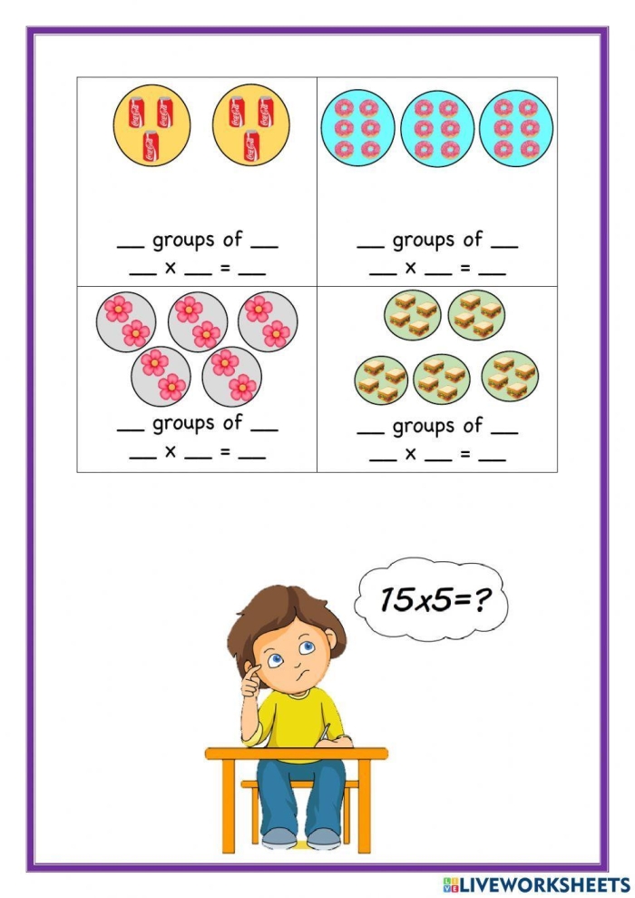 Worksheet featuring equal groups practice for third graders learning multiplication