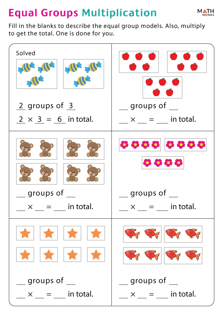 Equal Groups Practice worksheet for third graders featuring array division visuals