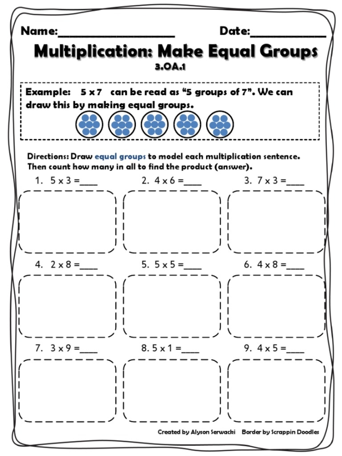 Worksheet showing equal groups for multiplication practice in third grade