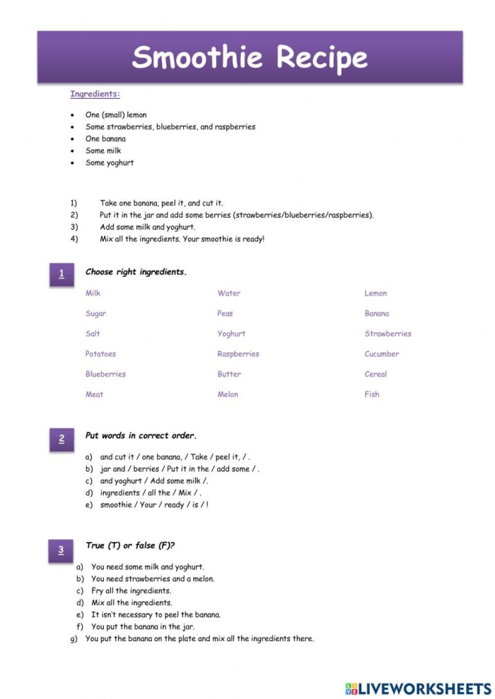 Equal Groups Smoothies worksheet showing multiple fruit combinations for learning repeated addition with 5s and 6s Third grade students solving equal groups smoothie problems with repeated addition of fruit groups for multiplication practice