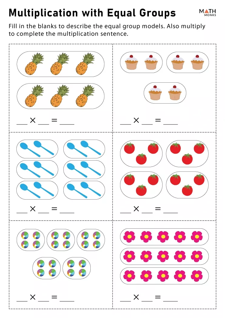 Third grade math worksheet showing equal groups of objects used to introduce multiplication concepts through addition