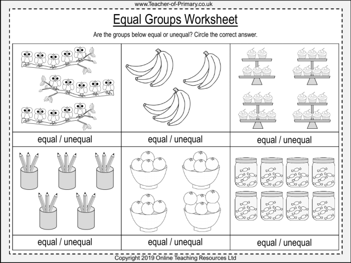 Equal Groups Practice worksheet for third graders illustrating multiplication through arrays