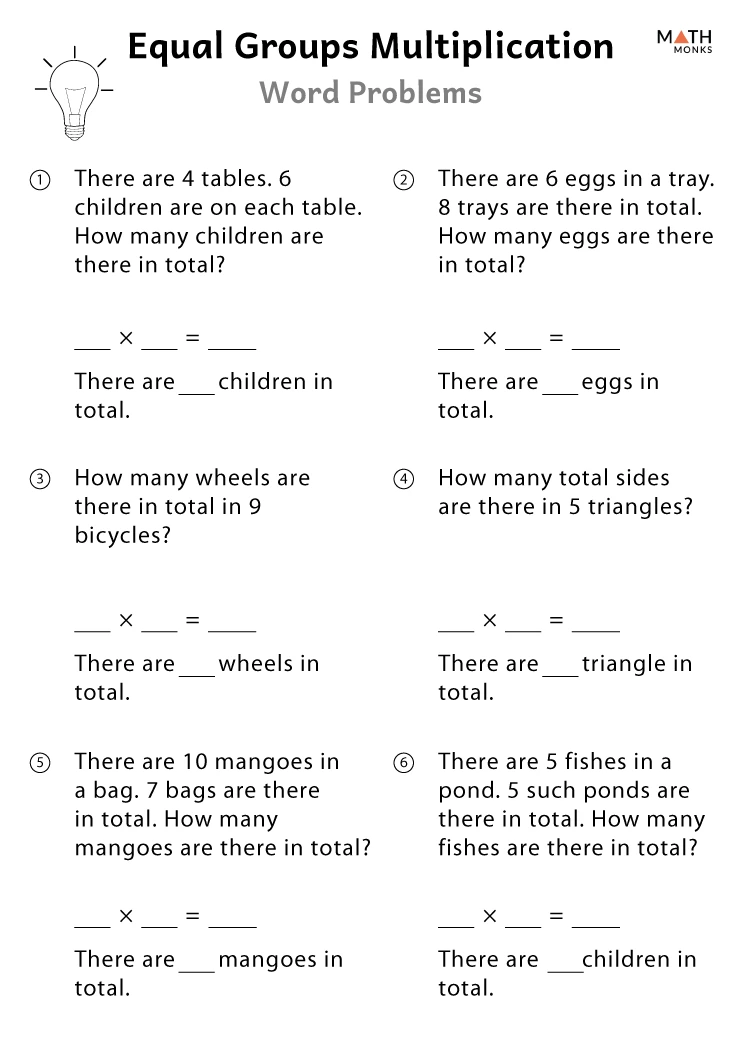 Equal Groups Practice worksheet for third graders illustrating multiplication through visual array division