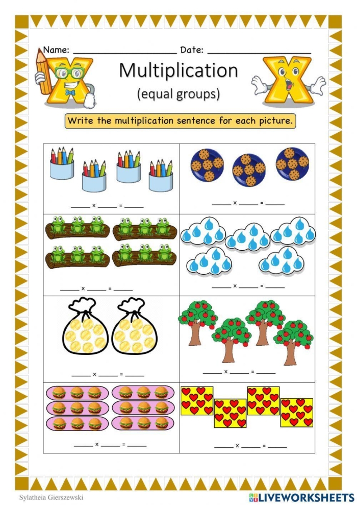 Visual representation of equal groups on a multiplication worksheet for third graders