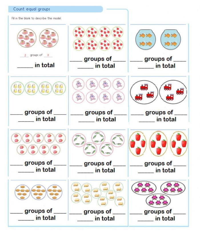 Equal Groups Practice worksheet for teaching multiplication through visual arrays