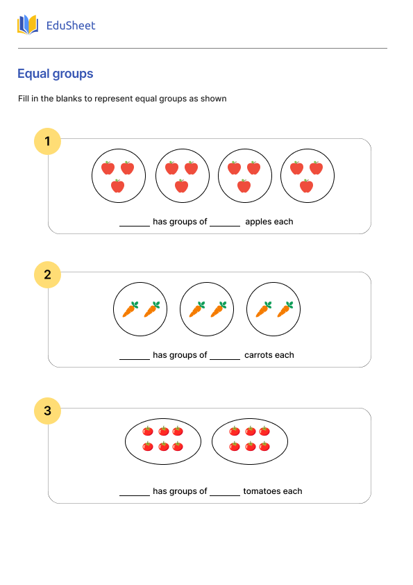 Worksheet featuring equal groups for multiplication practice in third grade