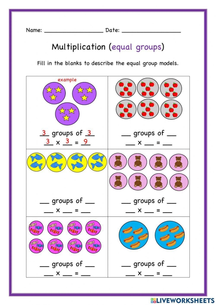 Equal Groups Practice worksheet for third graders focusing on visual multiplication techniques. Engaging multiplication worksheet to help students understand equal grouping concepts.