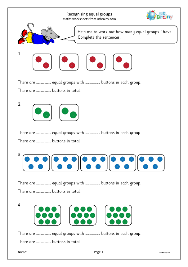 Equal Groups Practice worksheet for third graders illustrating multiplication with arrays