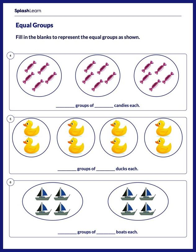 Equal Groups Practice worksheet for third graders illustrating multiplication through arrays