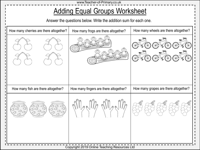 Equal Groups Practice worksheet for third graders showing visual multiplication with arrays