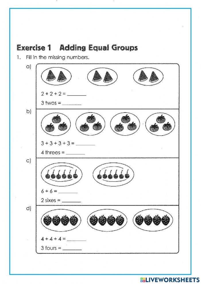 Equal Groups Practice worksheet for third graders visualizing multiplication through arrays