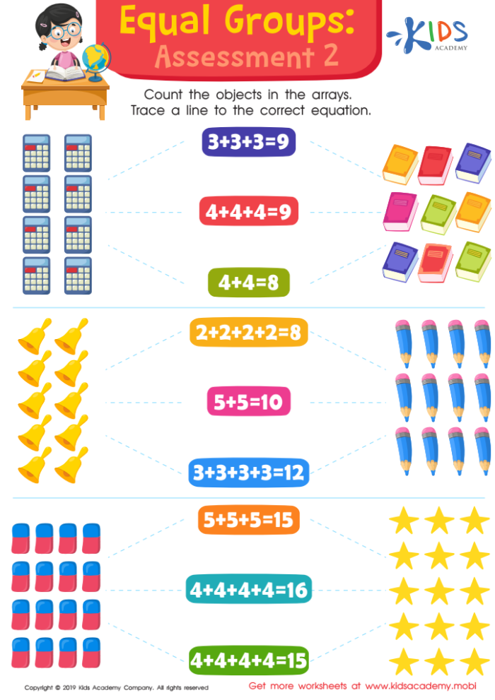 Equal Groups Practice worksheet for third graders focusing on visual multiplication through array division. Educational resource for mastering multiplication concepts in a fun way.