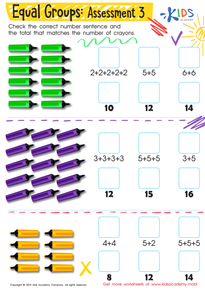 Equal Groups Practice worksheet featuring visual multiplication exercises for third graders