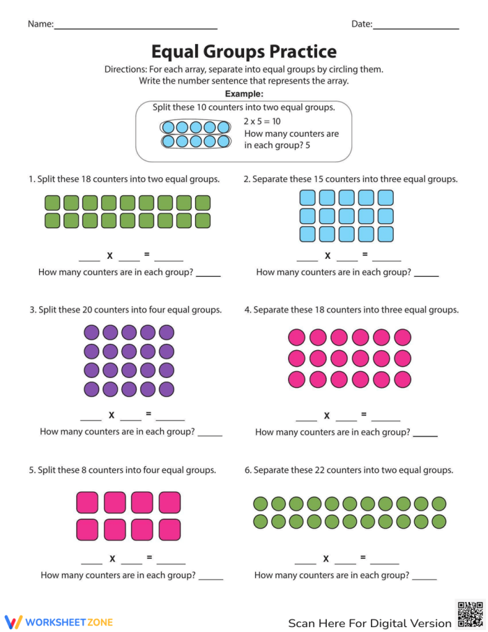 Equal Groups Practice worksheet for third graders focusing on visual multiplication through arrays