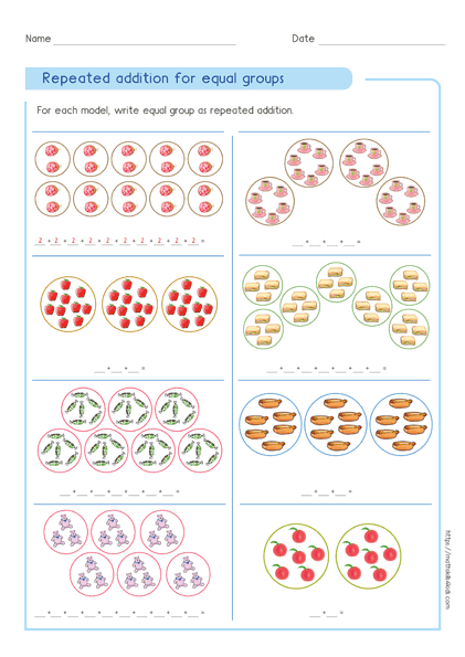 Equal Groups Smoothies Activity 18 for teaching multiplication through visual fruit groupings Third grade equal groups smoothies worksheet showing repeated addition with fruit illustrations for learning multiplication concepts