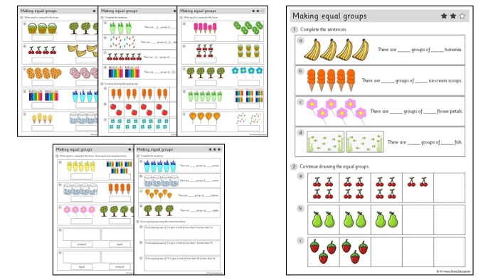 Equal Groups Practice worksheet for third graders illustrating division of arrays