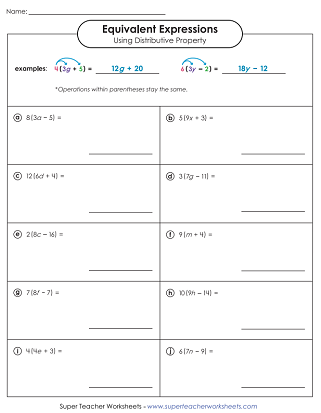 Worksheet featuring a matching activity for sixth graders to learn about equivalent expressions